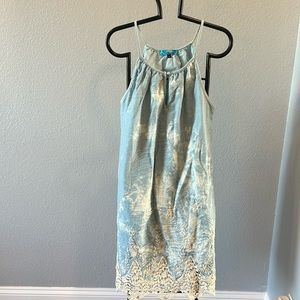 Beautiful midi, lace detail and pretty blues of water wash tie dye Buttons Dress